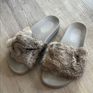 Maiden Lane rabbit fur slide slipper sandals